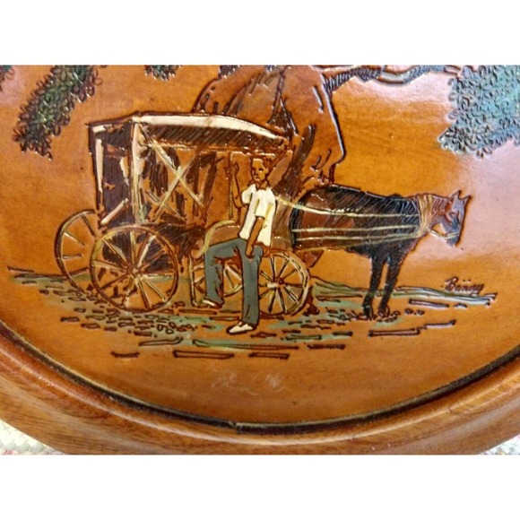 Vintage Tooled Leather Wall Hanging Picture Round Wood Handmade cottage hippie - Picture 10 of 10